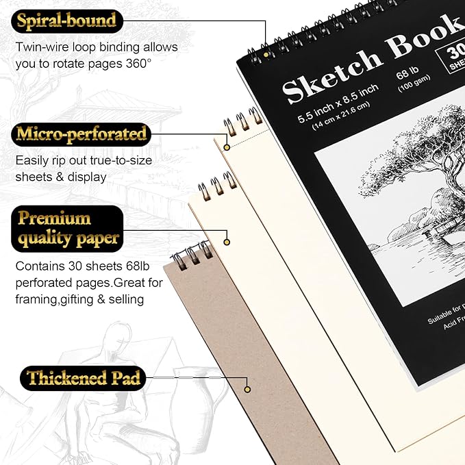 Humyoun 24 Pcs Top Spiral Bound Sketch Pad with Drawing Pencils Set, 5.5 x 8.5 Inch Sketchbook, 68lb(100gsm) Thick Paper, Charcoal & Graphite Pencils (12B-4H) for Shading, Artists & Beginners