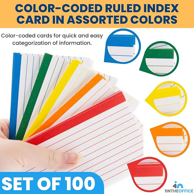 1InTheOffice Index Card Holder 3x5, & 100 pcs Index Cards Ruled Color Coded Assorted Color, Index Cards Storage Box 3x5 (Combo)