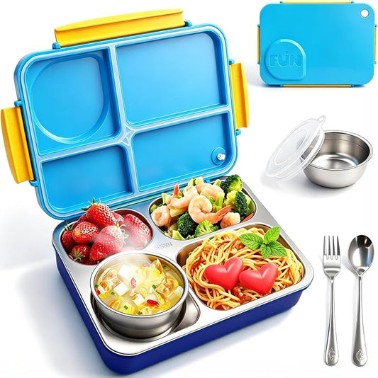 Kids Stainless Steel Lunch Box,304 Stainless Toddler Leak-Resistant Insulated Metal Bento Box,Suitable Schools,Office,Use Comes With An Independent Soup Cup,Tableware,4 Compartments (Blue)