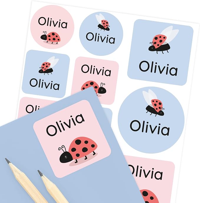 Camp Name Labels for Kids (33) – Custom Waterproof Stickers for Water Bottles, Lunch Boxes, Daycare & School with Unique Designs - Ladybug