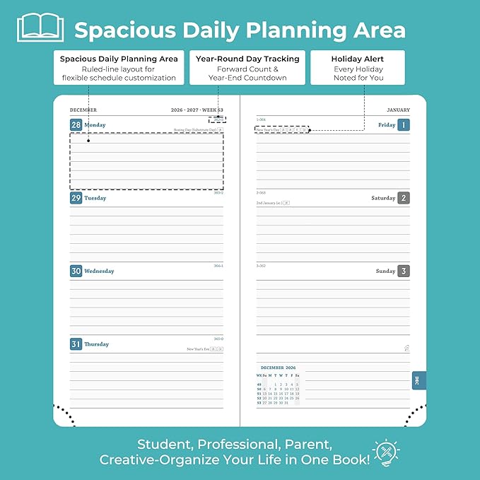 Weekly Monthly 2026-2027 Planner (July 26-Dec 27),6.5"x3.75",18 Months Agenda Plan with Month Tabs & Pocket,Expenses/Note Pages, Academic Calendar with Vegan Leather Cover,Light Blue