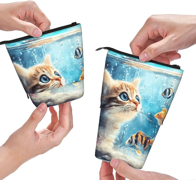 Cat and Fish Kids Standing Pencil Case Girls Boys Telescopic Stationary Pouch with Zipper Large Capacity Stand up Pen Bag Portable Makeup Holder for Children School Students Office Supplies