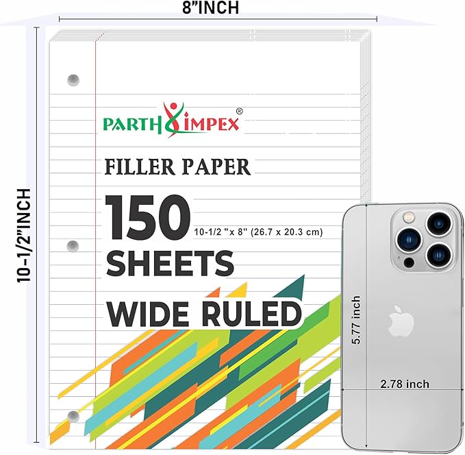 PARTH IMPEX Loose Leaf Paper, 450 Sheets, 3 Pack, 56 gsm, 8" x 10.5" Wide Ruled Filler Notebook Paper, 3 Hole Punched, 150 Sheets/Pack, Bulk Loose Leaf for 3 Ring Binders, White