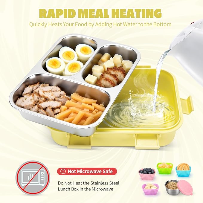 Stainless Steel Lunch Box Kids, 3 Compartments Leak Proof Metal Bento Box, Snack Containers with Condiment Cup, Food Storage Containers With Utensils and Small Cleaning Brush Set, Yellow