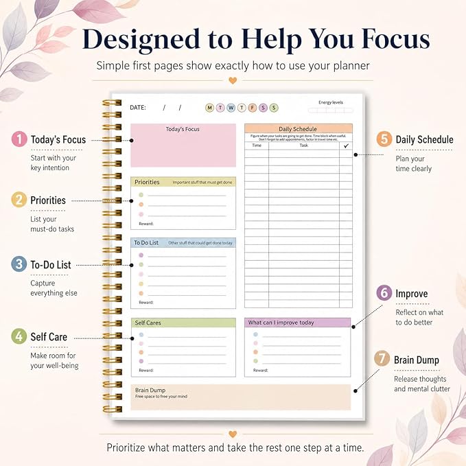 ADHD Planner for Women，Daily Productivity Planner with Task Management Organizer for Neurodivergent Adult,Teens , Self-Cares, Daily Schedule,To-Do List,Brain Dump,ADHD Journal with Cardboard Cover to Stay Organized and Focused (Colorful Leaves)