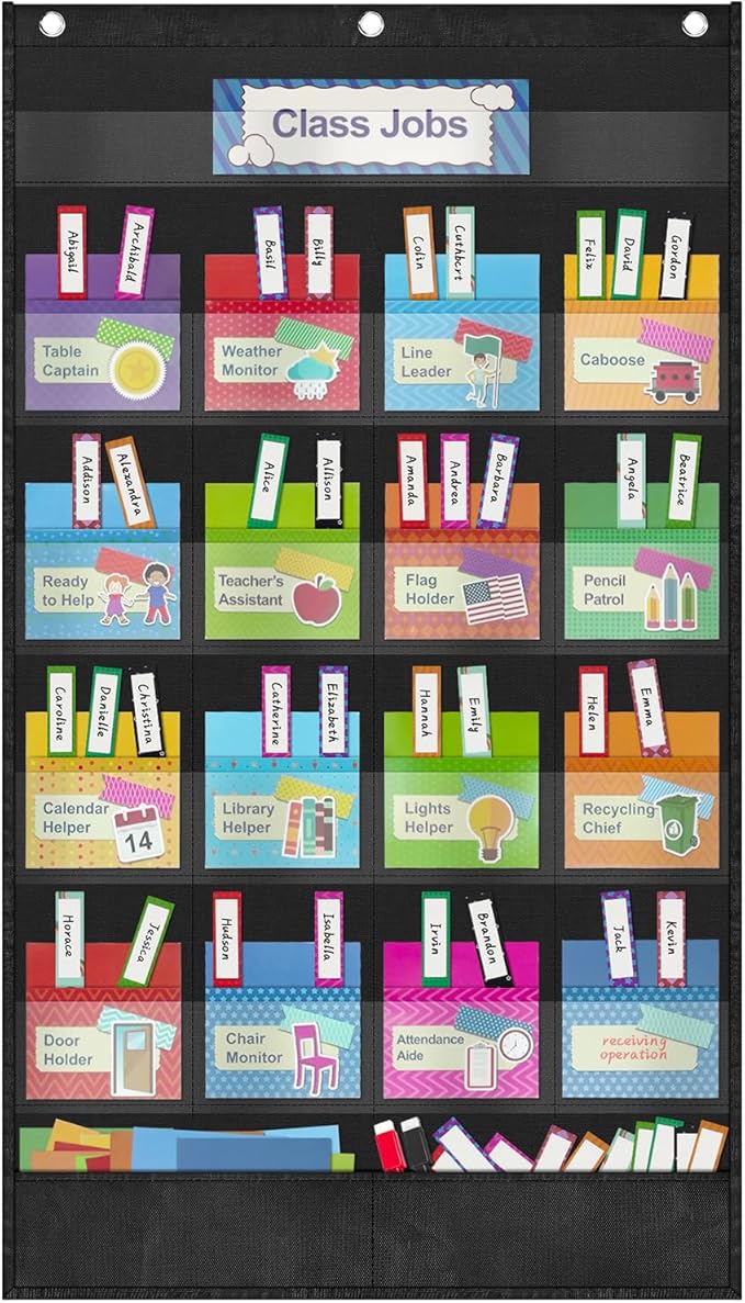 Grekos Class Jobs Pocket Chart, daily Management Educational Pocket Chart, Bulletin Board for Classroom Management, Bulletin Board for Teacher's Helper for School Must Haves Classroom Supplies