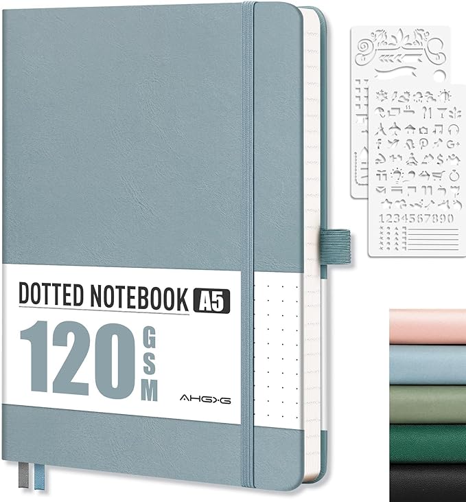 AHGXG Dotted Journal - Dot Grid Notebook Journal, 120 GSM Thick Acid-Free Paper, A5 Dotted Notebook 160 Pages, Leather Hardcover, Inner Pocket, Journal Stencil, 5.7'' × 8.3'', Gray Blue