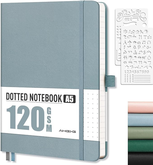 AHGXG Dotted Journal - Dot Grid Notebook Journal, 120 GSM Thick Acid-Free Paper, A5 Dotted Notebook 160 Pages, Leather Hardcover, Inner Pocket, Journal Stencil, 5.7'' × 8.3'', Gray Blue