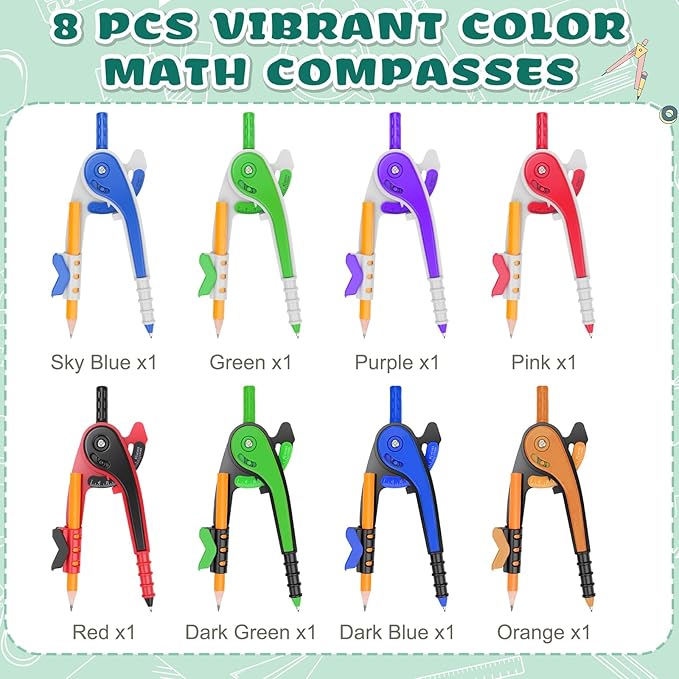 16 Pack Math Compass & Protractor Set Geometry Math 6 Inch Plastic Drawing Compass with Pencils Protractor for Geometry Bulk for Math Student Classroom School Office Woodworking Art Drawing