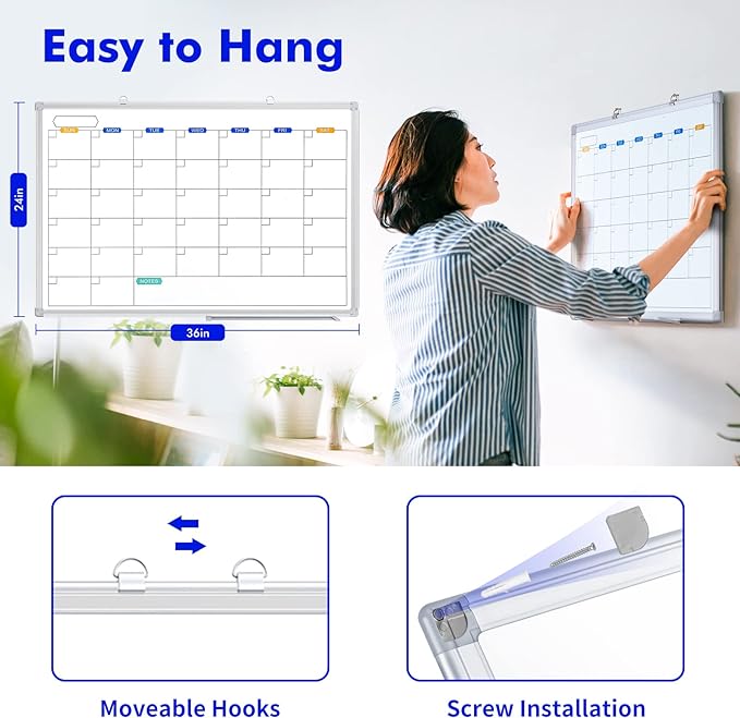 Dry Erase Calendar Whiteboard for Wall, 36" x 24" Magnetic Monthly White Board Calendar Dry Erase, Wall Hanging Aluminum Frame with Tray for Home, School, Office (Silver Frame)