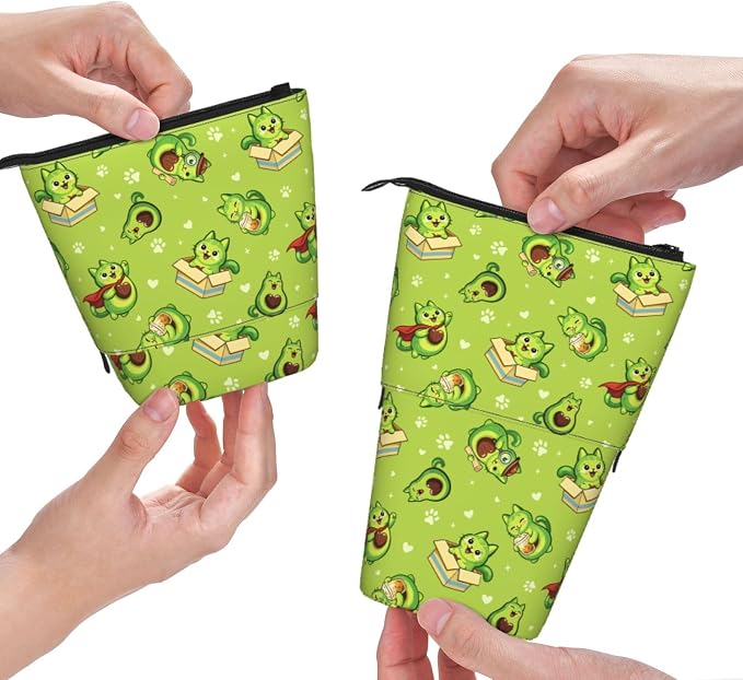 Green Avocado Cat Kids Standing Pencil Case Girls Boys Telescopic Stationary Pouch with Zipper Large Capacity Stand up Pen Bag Portable Makeup Holder for Children School Students Office Supplies