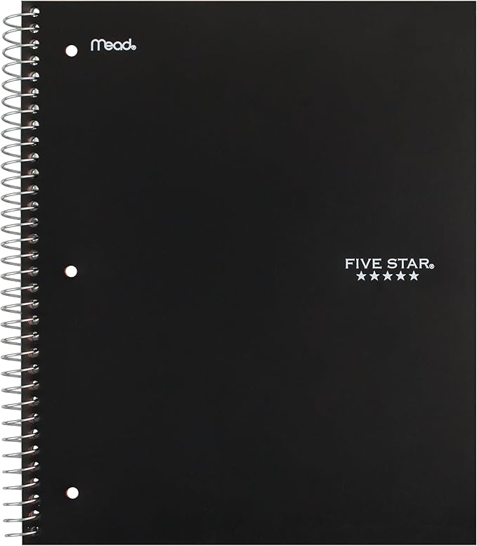 Five Star Spiral Notebook + Study App, 3 Subject, Wide Ruled Paper, 8" x 10-1/2", 150 Sheets, Black (73094)