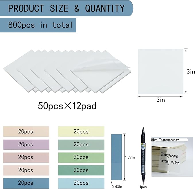 YOUDEFUL 800Pcs Transparent Sticky Notes, 3"x3" Clear Sticky Notes, Waterproof Translucent Sticky Note Pads for Books Annotation, Clear Post it Notes for Bible Study, School, Office（White）