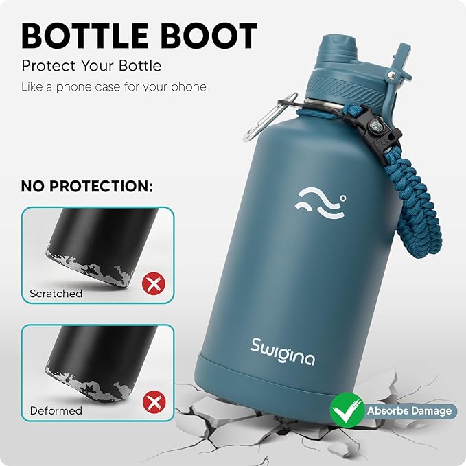 Swigina] 64 oz Insulated Water Bottle with Silicone Boot (48hrs Cold/24hrs Hot) - DIY Stickers, Leakproof, BPA Free, Half Gallon [2-IN-1 LID