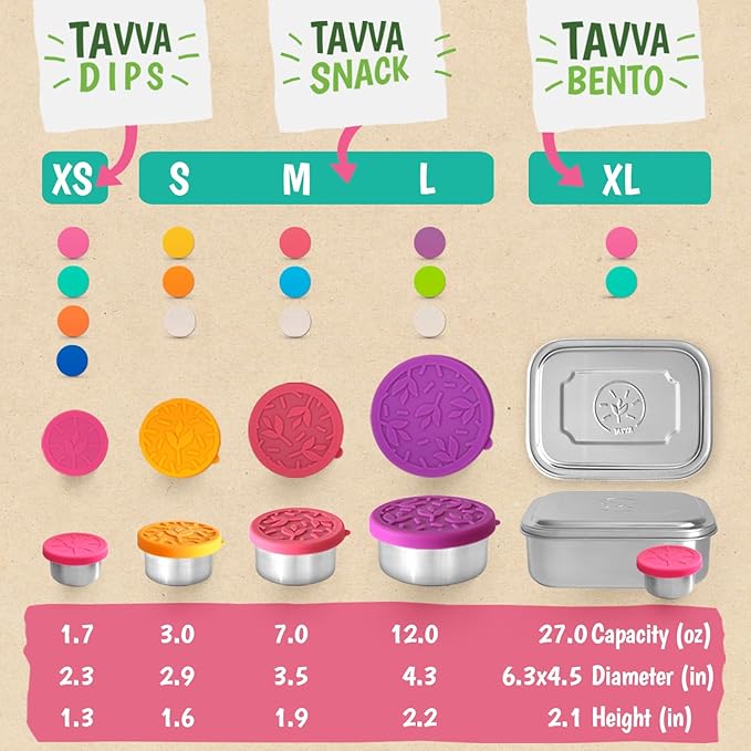 TAVVA Stainless Steel Lunch Box for Kids Ages 6-9 | 2-Piece Set | 27oz Metal Bento Box with 100% Steel Lids | 1.7oz Dip Cup with 100% Leakproof Silicole Lid | BPA-Free | Freezer & Dishwasher Safe