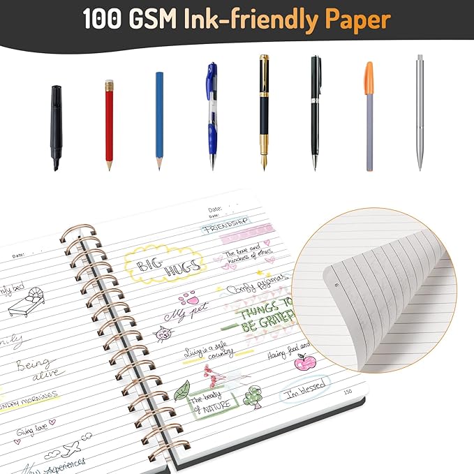 Forvencer Lined Spiral Journal Notebook with 300 Numbered Pages, A5 Thick Journals for Writing with 100GSM Paper, Hardcover Notebooks with Contents for Work, School, Women, Men, Black