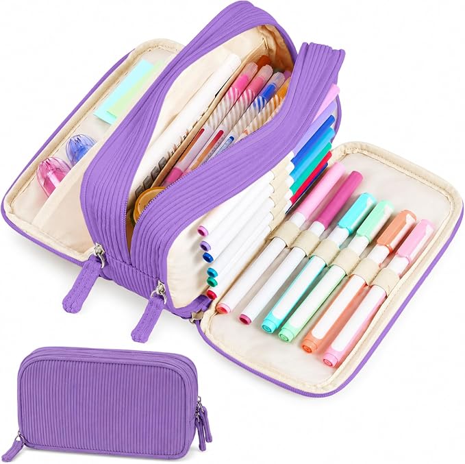 Sooez Big Capacity Pencil Case Pen Pouch, Soft Corduroy Pencil Bag | with 3 Compartment, Multiple Pockets, Sturdy Zipper, Cute School Supplies Pen Bag Organizer For Teen Girls College, Purple