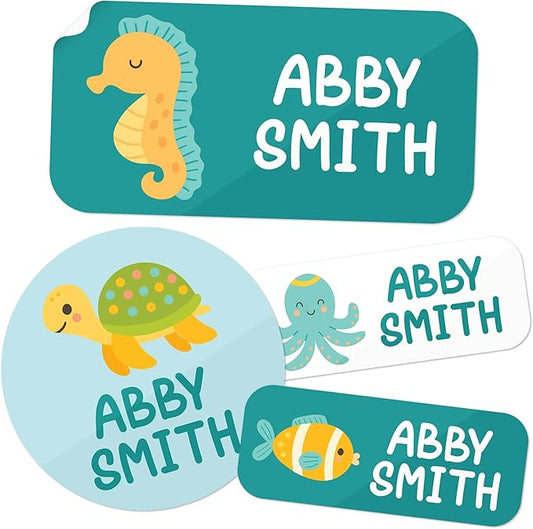 Personalized Daycare Name Labels for Kids, (130 Pack) Waterproof Custom Name Stickers for Clothing Tags, Lunch Boxes and School Supplies, Made in USA by MSC -Water Animals