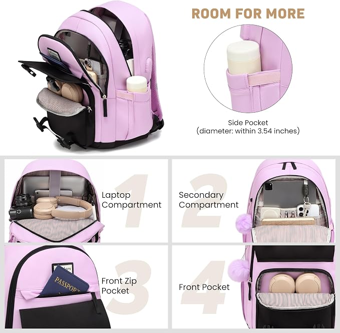 WINDARS School Backpack for Teen Girls, Cute College Backpacks for Women Students Aesthetic Bookbag Large 15.6 Inch Laptop Bag Middle School Travel Back Pack (Black Purple)