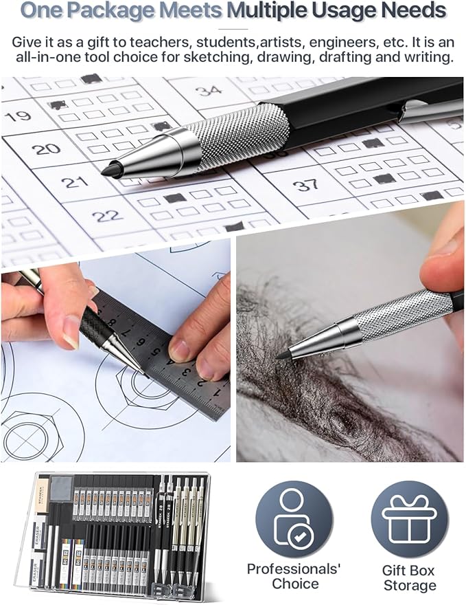 STAGEEK Mechanical Pencil Set with Case 37 Count, Drawing Pencils 0.3, 0.5, 0.7, 0.9MM & 2PCS 2MM Sketching Pencils with 492PCS Lead Refills (6B 4B 2B HB 2H 4H Color) for Artist Drafting Drawing