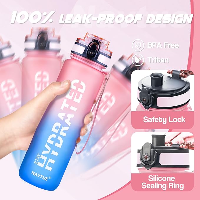 Water Bottle, 32oz Sports Water Bottles with Time Marker Wide Mouth, Motivational and Leakproof Drink Bottle, BPA Free Tritan with Carry Strap for Gym Fitness Outdoor(1 Bottle)