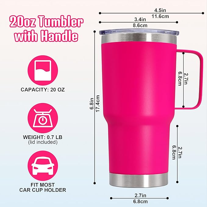 20 oz Tumbler with Handle and Lid, Stainless Steel Tumbler Insulated Travel Coffee Mug, Spill Proof Double Wall Vacuum Tumbler Cup Keep Drink Hot & Cold, Hot Pink, 1 Pack