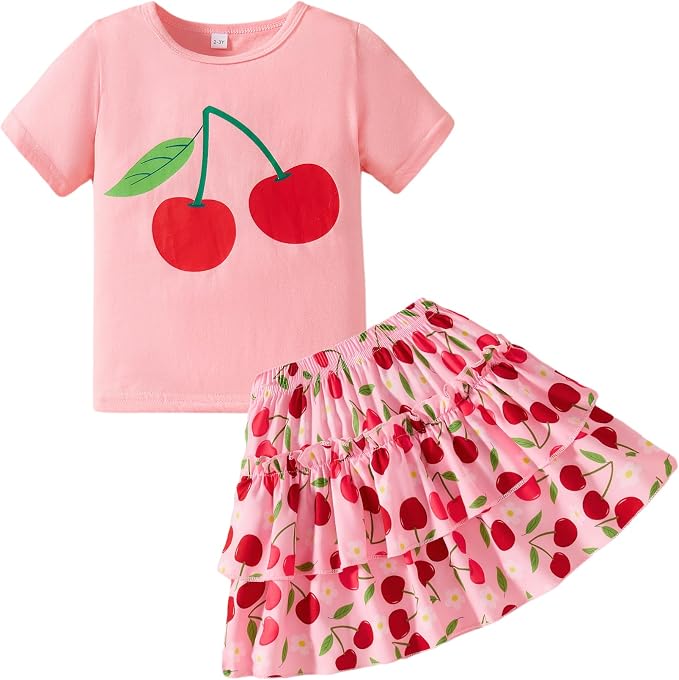 Little Girls Skirt Set - 2 Piece Short Sleeve Top Shirred Tiered Skirt Outfit Girls Spring Summer Clothes 3-8 Years
