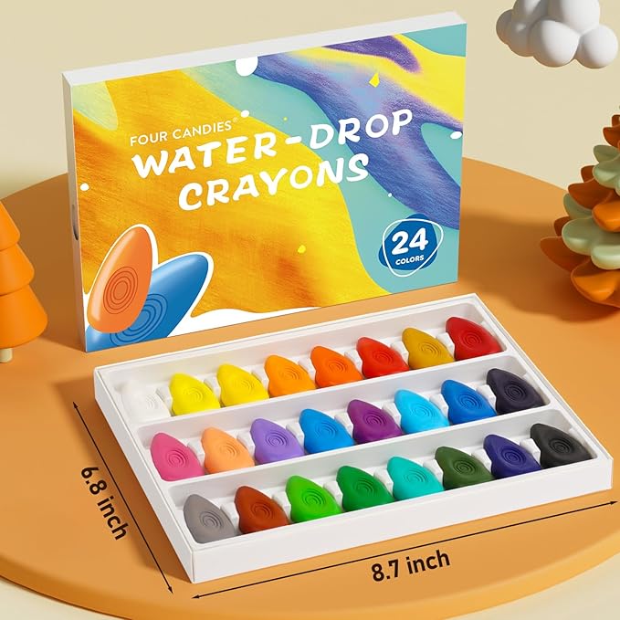 Four Candies Crayons for Kids 24 Colors, Non Toxic Washable Crayons for Toddlers 1-3, Unbreakable Easy-Grip Water-Drop Shape for Little Hands, Art Supplies for Kids Toddlers Coloring Gift