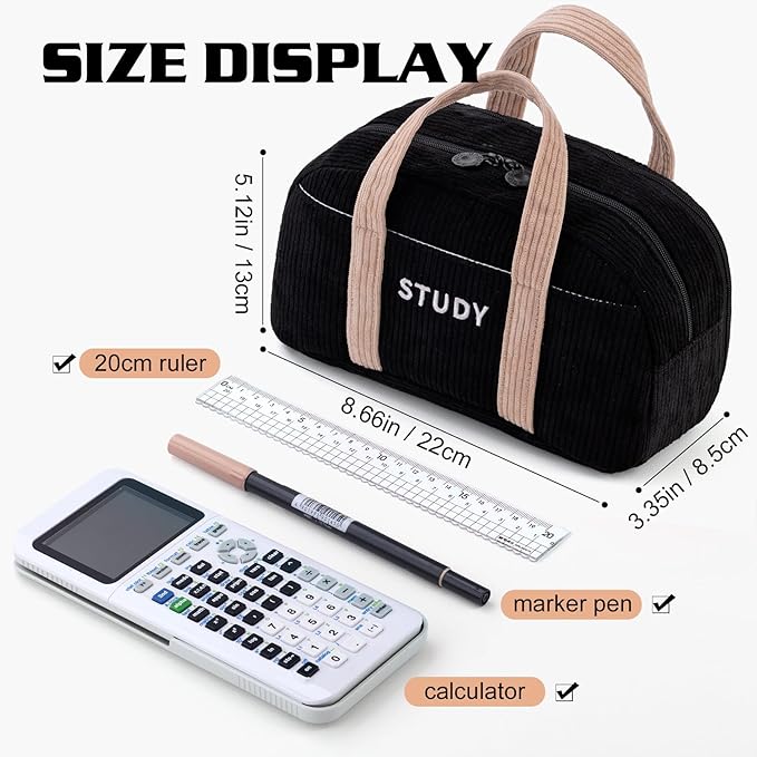 EASTHILL Corduroy Hand-held Pencil Case Large Cute Pencil Pouch Stationery Pen Bag for Teen Girls-Black