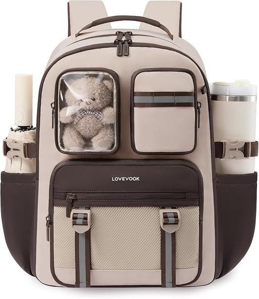 LOVEVOOK Cute School Backpack for Girls Ages 8-14, Bookbag with Plush Bear & Clear Display Pocket, Fits 15.6 Inch Laptop & 40oz Tumbler, Back to School Backpack for Elementary & Middle School