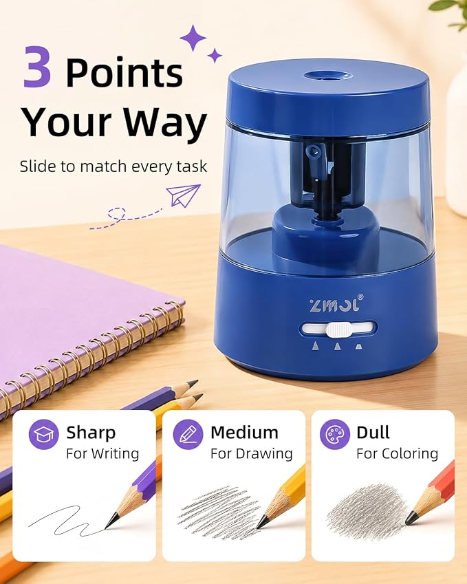ZMOL Electric Pencil Sharpener, USB or 2 AA Powered, 6-8mm, Dark Blue