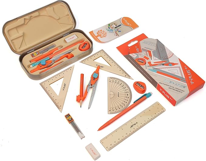Geometry Set for Students, Math Protractor Compass with Rulers Mechanical Pencil, Box of Protactors Kit for Class Supplies and School Kids Toddler - 12 Pcs, Back to School Supplies for Kids