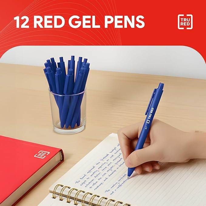 Staples TRU RED Retractable Gel Pens, Medium Point 0.7mm, Blue Ink, 12 Pack - Quick-Dry Pens for Smooth, Smear-Free Writing