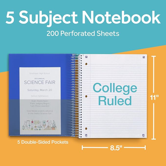 Oxford Spiral Notebook with Free Study App, 5 Subject, College Ruled, Ultra Smooth Paper, No Ink Bleed-Through, Strong Poly Blue Cover, 5 Durable 2 Sided Pockets, 200 Easy Perforated 8.5" x 11" Sheets