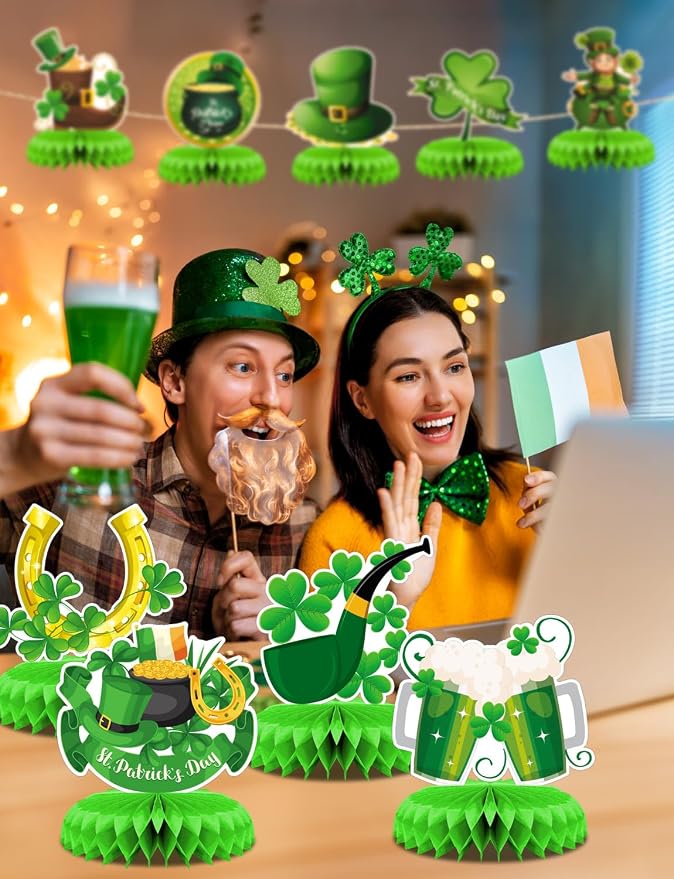 9Pcs St Patricks Day Table Decorations, Green St. Patrick's Day Honeycomb Centerpieces 3D St Patricks Day Decorations for Table Irish Shamrock Centerpiece for St Patricks Day Party Supplies