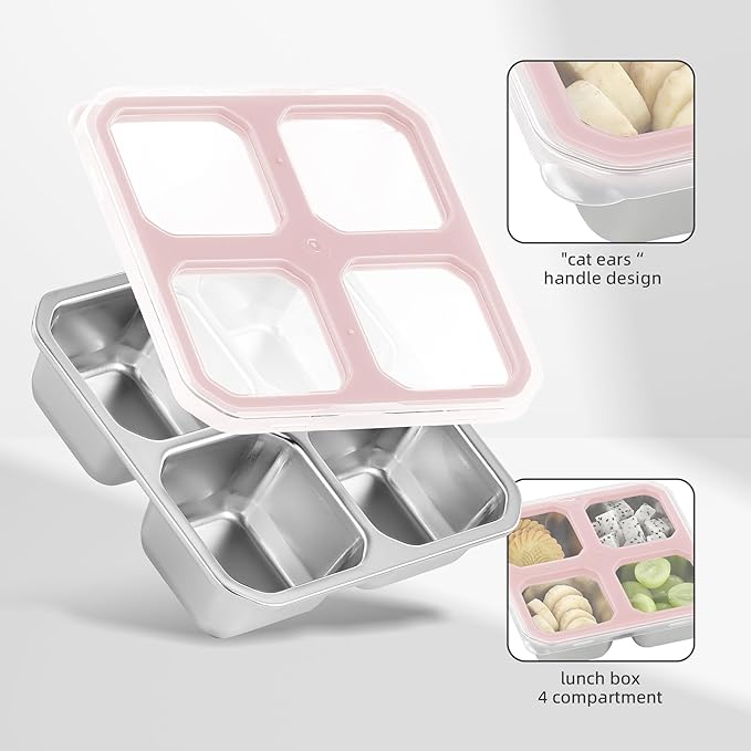 BEFOY 4 Pack Stainless Steel Snack Containers with Lids 4 Compartment Food Storage Containers for Adults & Kids Meal Prep Containers Reusablele (pink, 4)