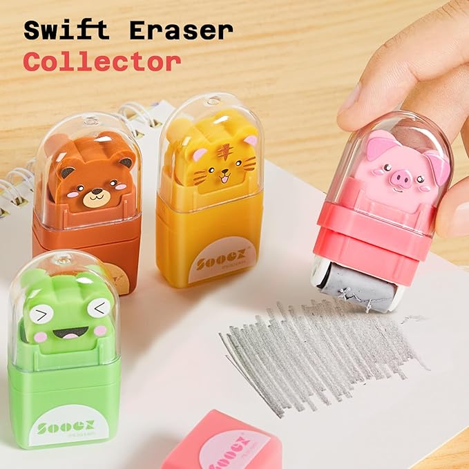 Sooez 12 Pack Pencil Erasers, Cute Animal Eraser with Clean up Roller and Cover, Latex-Free, Bulk Art Drawing Erasers for Teens & Teacher Classroom/School Supplies, Party Favor