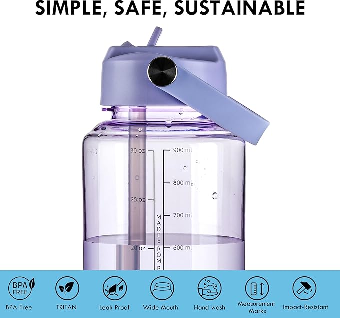 OLDLEY 32 oz Clear Water Bottle with Straw,Tritan BPA-Free, Wide Mouth, Leak Proof - for Gym, Travel, Home, School, Office (Purple)