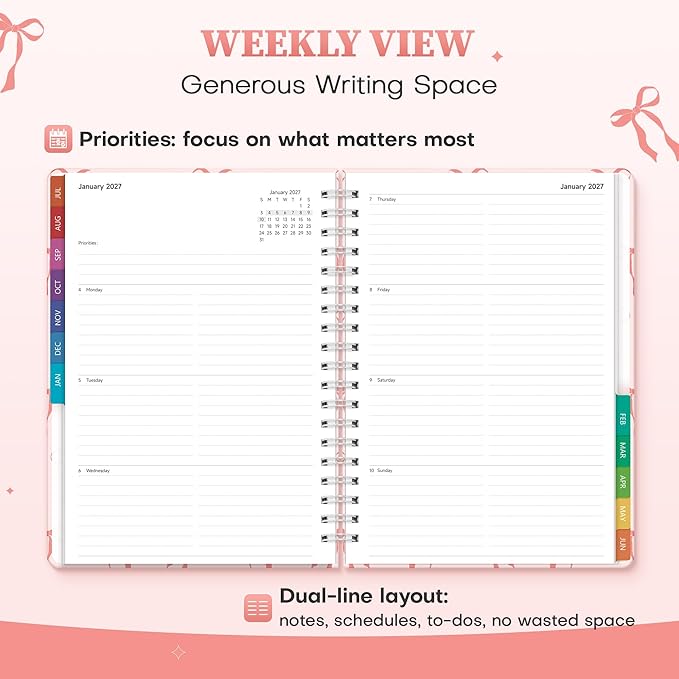 Planner 2026-2027 Monthly and Weekly Academic Planner July 2026 - June 2027, Hardcover Calendar 2026-2027 Agenda Daily Planner for Student Teacher School Office Supplies, 7.4" x 10.2", Pink Bow