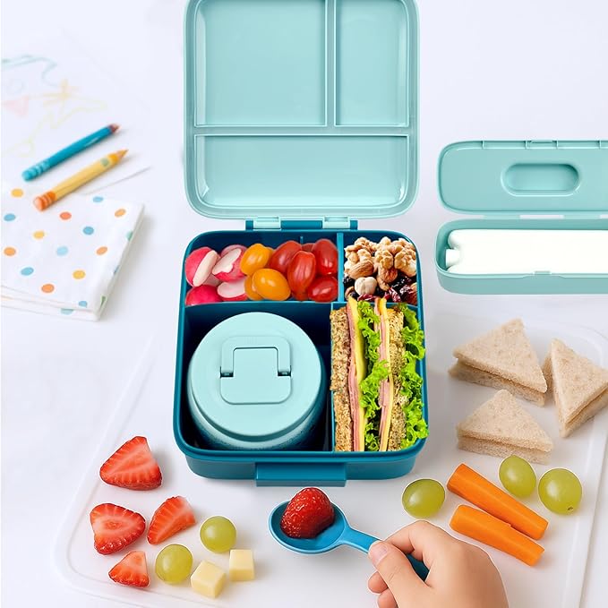 JXXM Bento Lunch Box for Kids with 8oz Soup Thermo,Leak-Proof Lunch Containers with 5 Compartment,Thermo Food Jar Food Containers for School (Blue-Octopus)