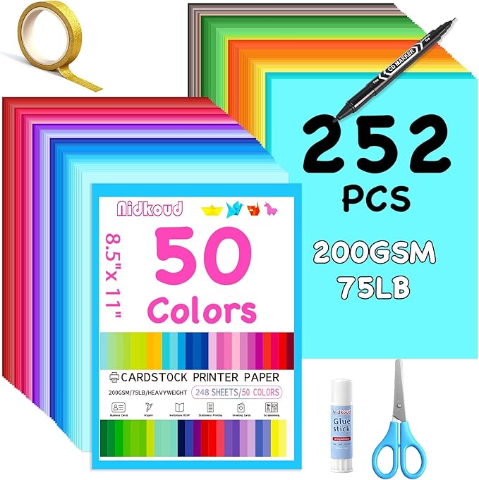 252PCS Colored Cardstock 8.5" x 11", 50 Assorted Colors Construction Paper Bulk for Crafts, Thick Card Stock Printer Paper for Scrapbooking, Card Making, Kids School Supplies and Party(200GSM)