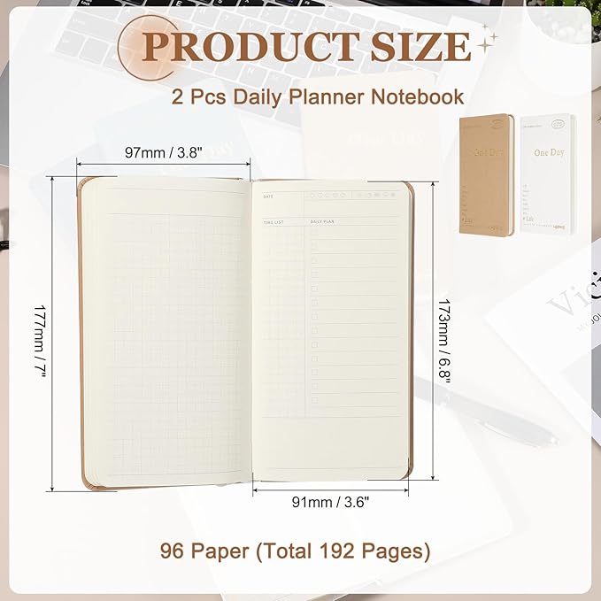 PATIKIL 2Pcs Planner Notebook, 7 x 3.8" 96 Sheets Undated Daily Planner Pocket to Do List Daily Weekly Goals Notebook for Office Home Study Work Time Management Habit Tracker, Brown, White