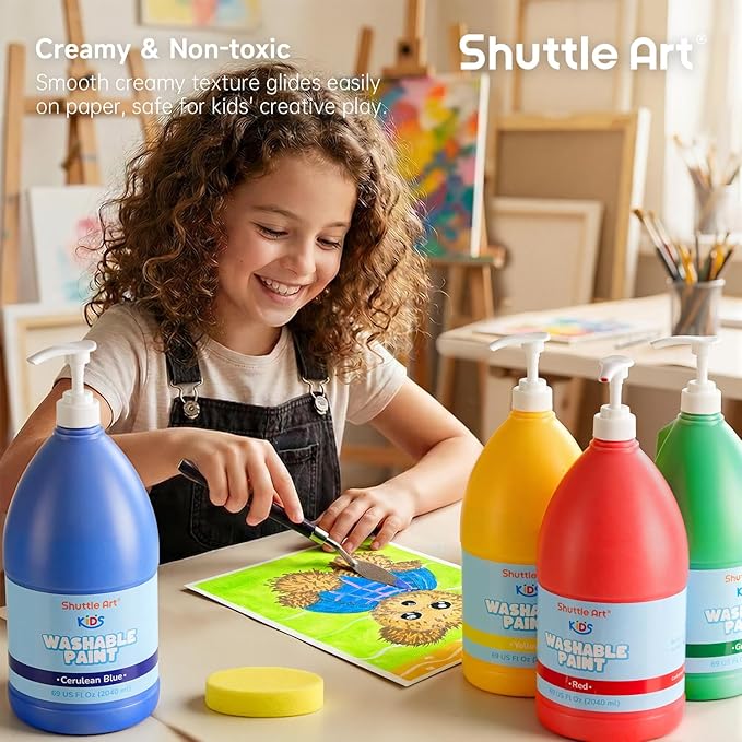 Shuttle Art 6 Colors Washable Paint for Kids, 69 oz Bulk Tempera Paint with Pump, Non-Toxic Kids Washable Paint for Art and Crafts, School & Home Must Haves