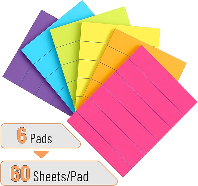 Mr. Pen- Small Lined Sticky Notes, 1.5" x 2", 6 Pads, 60 Sheets/Pad, Vibrant Color, Small Sticky Notes with Lines, Ruled Post Stickies, Memo Pads, Self-Stick Note Pad for Office, School, Home, Study