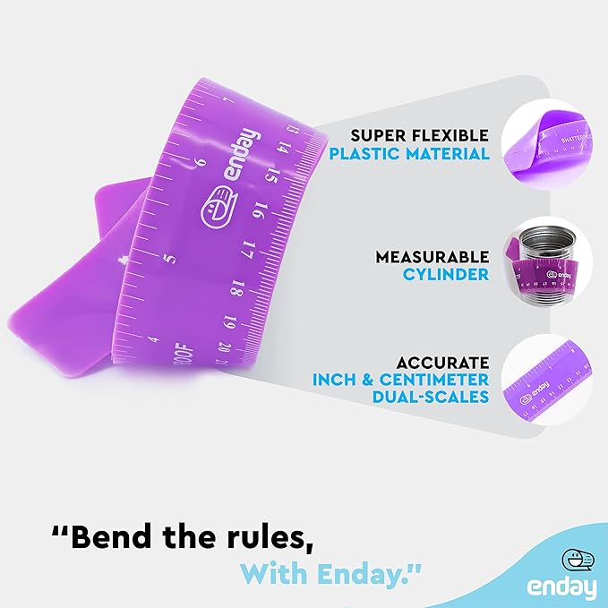 Flexible Ruler Purple, 12 in (30 cm) Soft Plastic Shatter Resistant Straight Edge Ruler, Bendable Kids & Adults Ruler w/Inches & Metrics Also Available in Pink, Blue, Red, Grey, Green, 1 Pc –By Enday