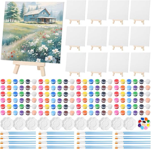 Qilery 12 Set Canvas Painting Kit, Mini Canvas with Wooden Easels Acrylic Paints Strips, Brushes, Palette, Art Set for Acrylic Oil Watercolor Adults Birthday Party Favors(8 x 8 Inch)