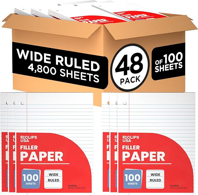 Wide Ruled Loose Leaf Paper Wide Ruled Notebook Paper Lined Writing Filler Paper 10.5” x 8” 56 gsm 4800 Sheets 100 Sheet Per Pack (48 Pack)