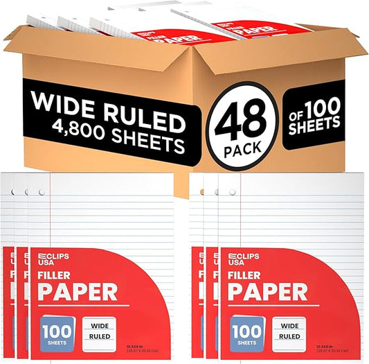 Wide Ruled Loose Leaf Paper Wide Ruled Notebook Paper Lined Writing Filler Paper 10.5” x 8” 56 gsm 4800 Sheets 100 Sheet Per Pack (48 Pack)