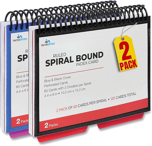 1InTheOffice Index Cards 4 x 6 Ruled, Spiral Bound, 120 White Cards/Spiral (2 PACK)