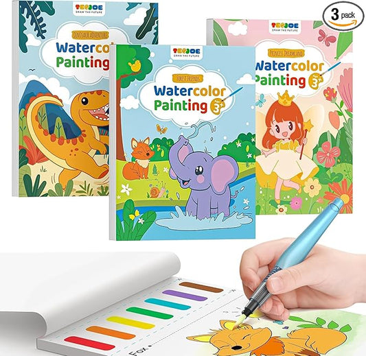 TECJOE 3 Pack Paint with Water Coloring Books for Toddlers, Mess Free Watercolor Painting Set with 6 Brushes, Travel Art Craft Toys Birthday Gifts for Kids Ages 3-8, Princess, Dinosaur & Forest